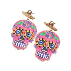 Stone Pointed Enamel Rhinestone Hat Sugar Skull Design Statement Style Dangle Accessory Fashion Jewelry Earrings Measures: 2.4" X 1.4" Post Backing Theme: Halloween F 20873 E Vibrant Pink Earrings For Festivals, Pink Skull Jewelry For Halloween, Rhinestone Hat, Novelty Black Skull Earrings, Day Of The Dead Multicolor Skull Jewelry, Black Skull-shaped Earrings With Skull Print, Sugar Skull Design, Jewelry Colorful, Pink Sugar