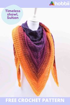 an orange and purple shawl on top of a white mannequin torso with the words free crochet pattern