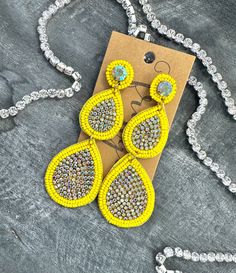 "Light weight made with seed beads and AB rhinestones! Length- Approx. 3.5\" Back- Post back Felt back Nickel and lead compliant FINAL SALE- please check dimensions and details before purchasing, just to ensure these will work for you!" Party Beaded Teardrop Drop Earrings, Party Beaded Teardrop Earrings, Yellow Beaded Teardrop Jewelry, Yellow Teardrop Beaded Jewelry, Beaded Dangle Teardrop Earrings For Party, Beaded Teardrop Dangle Earrings For Party, Beaded Teardrop Crystal Earrings, Beaded Teardrop Chandelier Earrings For Party, Beaded Crystal Chandelier Dangle Earrings