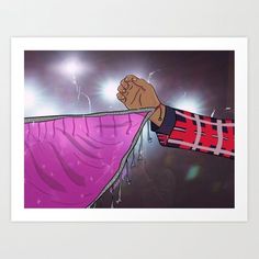 a drawing of a hand holding onto a purple cloth with lights in the background art print