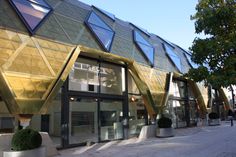 the building has many windows on it's side and is made of gold leafy shapes