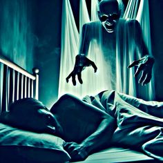 a creepy man is in bed with his hands out to the person who is reaching for him