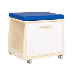 a toy storage box with wheels and a blue seat on it's top, against a white background