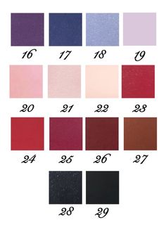 the color chart for different shades of paint, including red, purple, blue and black