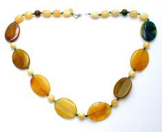 Statement Gemstone Jewelry - This is a substantial green & yellow agate and yellow quartz bead necklace. It is hallmarked 925, has sterling silver clasp and extension, chain, widest bead is 1.25" wide. It is 30" long, which includes the 2" extension, so it can be worn from 28" to 30" in length. Weight is 189 grams. Yellow Gemstone Beaded Necklaces With Round Beads, Yellow Agate Jewelry With Natural Stones, Yellow Gemstone Beaded Necklaces As Gift, Yellow Gemstone Beaded Necklaces For Gifts, Yellow Gemstone Round Beads Jewelry, Yellow Gemstone Beaded Necklace For Gifts, Yellow Gemstone Jewelry With Round Beads, Yellow Beaded Necklaces With Natural Stones As Gift, Yellow Beaded Necklaces With Natural Stones For Gifts