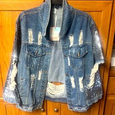 Super Cute Nwt Distress Jacket Silver Casual Spring Outerwear, Diy Fashion Accessories, Distressed Jacket, Distressed Denim Jacket, Jean Jackets, Silver Blue, Diy Fashion, Jean Coat, Blue And Silver