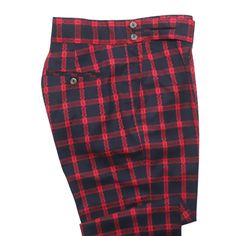 A must-have style in every man’s wardrobe, you will never look boring again with these check plaid trousers in blue and red. Elegantly made with high quality craftsmanship in a straight fit, flat-front style from premium quality wool, these trousers feature a button and zip closure with a wide waistband with two extended fastening tabs. This pair of men's pants is perfect for work and everyday wear, business meetings, parties, gala dinners or summer weddings. Buy it for yourself, or gift it to a Classic Red Bottoms For Business Casual, Classic Red Bottoms With Welt Pockets, Classic Plaid Cotton Bottoms, Classic Plaid Bottoms With Pockets, Business Casual Plaid Cotton Pants, Business Casual Plaid Cotton Bottoms, Classic Plaid Bottoms With Welt Pockets, Classic Fitted Plaid Bottoms, Plaid Cotton Bottoms For Business Casual