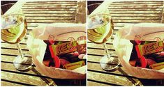 two pictures of wine glasses and food on a bench