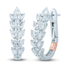 Brilliant round diamonds fill dynamic leaf-shapes along the fronts of these magnificent women's hoop earrings from world renowned designed Pnina Tornai. Fashioned in 14K white gold, the total diamond weight is 1-1/2 carats and the earrings secure in place with hinged backs. Pnina Tornai's 14K rose gold cuff completes the look. Exclusively available at Jared® the Galleria of Jewelry. Pnina Tornai, Jared The Galleria Of Jewelry, Gold Cuffs, Diamond Hoop Earrings, Pear Diamond, White Earrings, Leaf Shapes, Pearl Ring, Diamond Stone