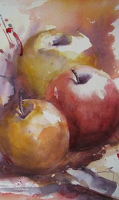 an oil painting of apples on a table