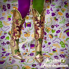 "Feet Can't Fail Me - Golden high heels with 4\" heels covered in Mardi Gras colored sequins and beaded appliques in true carnival theme. A fun finishing touch the next time you join the second line in the streets! These are one of a kind  to never be produced again, so don't let them slip away!" Cowboy Heels, Carnival Parade, Mardi Gras Outfits, High Heel Stiefel, Gold Boots, Mardi Gras Costumes, Shoes Purple, Mardi Gras Decorations, Carnival Themes