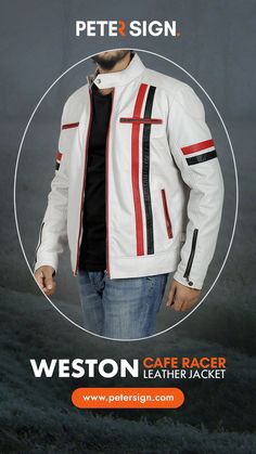 Stylish yet Minimalist, this White Café Racer with Red and Black Stripes sets the perfect mood for the upcoming festive season. Have a look at our collection and avail yours now. #premiumleather #winter #winterstyle #winter2021 #winterfashion Retro White Biker Jacket For Winter, Retro White Biker Jacket For Fall, White Sporty Biker Jacket With Long Sleeves, White Sporty Long Sleeve Biker Jacket, White Long Sleeve Sporty Biker Jacket, White Moto Leather Jacket For Streetwear, White Moto Leather Jacket With Long Sleeves, White Long Sleeve Biker Jacket For Motorcycling, Retro White Leather Jacket With Long Sleeves