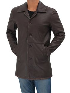 To look cool, feel comfortable, and rock all day! Get this brown distressed leather car coat for men. It is made up of real leather and with viscose lining. Its features include Distressed texture, front button closure, stand- up collar, and four pockets (two inside and two outside). So get it for a casually edgy and stylish outfit. Specification: Material: Real Leather, Viscose Lining Front: Button Closure, Spread Collar Pockets: Two Inside, Two Outside Pockets Color: Dark Brown Classic Soft Leather Outerwear, Classic Leather Outerwear With Leather Lining, Classic Soft Leather Winter Outerwear, Classic Long Leather Jacket, Classic Single-breasted Leather Outerwear, Leather Jackets For Men, Coat For Men, Distressed Texture, Jackets For Men