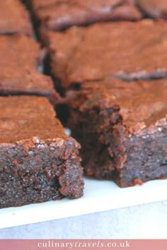 chocolate brownies cut into squares on a white plate