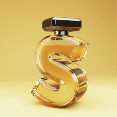 a glass bottle with a dollar sign on it's top sitting in front of a yellow background