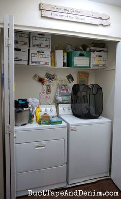 the laundry room is clean and ready to be used as a storage area for items