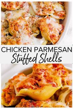 chicken parmesan stuffed shells in a casserole dish with text overlay