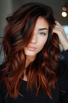 shorthair hairinspo pixiecut bobhaircut shorthairstyles hairgoals shorthairdontcare chopitoff lowmaintenancehair trendyhair Brown And Auburn Hair Balayage, Fall Fun Hair Color, Black Hair With Copper Highlights, Fall Inspired Hair, Women Hair Color Ideas, Quick Hair, Peekaboo Hair, Colorful Hair, Auburn Hair