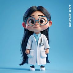 a cartoon character wearing glasses and a lab coat with long black hair, standing in front of a blue background