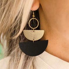 Lightweight Leather Half Circle Earrings. Black/Gold. New Black And Gold Clay Earrings, Gold Clay Earrings, Bamboo Hoop Earrings, Front Back Earrings, Beaded Jacket, Bold Earrings, Heart Dangle Earrings, Button Earrings, Cz Stud Earrings