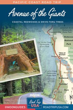 an image of a map with the words avenue of the giants and a photo of a tree