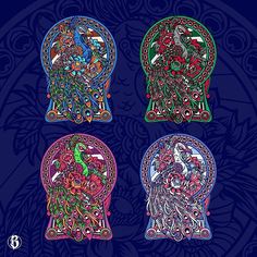 four different colored designs in the shape of masks on a blue background with an intricate design