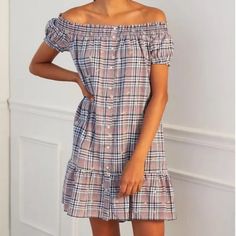 Anthropologie Size Sp Small Petite New With Tag Embroidered Off The Shoulder Mini Dress Plaid Style No. 62835467 Embroidered Detail Ruffled Trim Side Slant Pockets Off-The-Shoulder Silhouette Pullover Styling Machine Wash Cotton Casual Off-shoulder Mini Dress For Dress Down Occasions, Blue Off-shoulder Casual Dress For Vacation, Casual Off Shoulder Dress For Vacation, Summer Off-shoulder Dress With Short Sleeves, Summer Off Shoulder Short Sleeve Dress, Casual Off-shoulder Mini Dress For Vacation, Casual Knee-length Off Shoulder Dress For Brunch, Casual Off-shoulder Midi Dress For Brunch, Casual Blue Off-shoulder Dress For Day Out