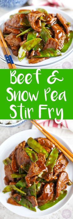 beef and snow pea stir fry on a plate with chopsticks next to it