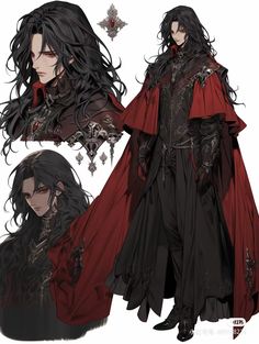 an image of a male character with long black hair wearing a red cape and cloak