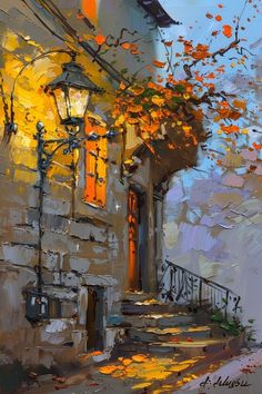 an impressionist painting of a house with autumn leaves on the front door and steps leading up to it