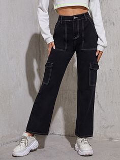 High Waist Flap Pocket Whip Stitch Cargo Jeans | EMERY ROSE Womens Black Cargo Pants, Whip Stitch, Black Cargo Pants, Jeans Cargo, Outfit Jeans, Women Denim Jeans, Cargo Jeans, Trendy Fashion Women, Premium Denim