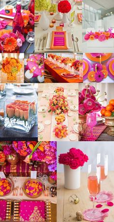 a collage of pictures with flowers, plates and napkins on it's table