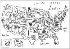 the united states map is drawn in black and white, with pictures of animals on it