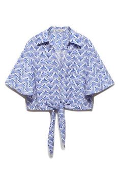 A loose-fitting, cropped cut furthers the vacay look and feel of this vividly patterned shirt with a front-tied hem. Front button closure; ties at front Spread collar Elbow-length sleeves 85% viscose, 15% polyamide Machine wash, line dry Imported Mango Print, Patterned Shirt, Printed Ties, Elbow Length Sleeve, Crop Shirt, Top Brands, Mango, Loose Fitting, Top Blouse