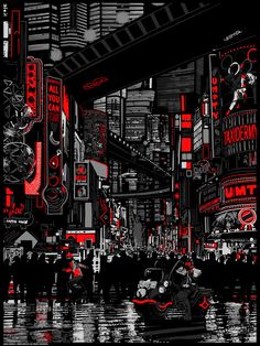 a black and red cityscape with neon lights