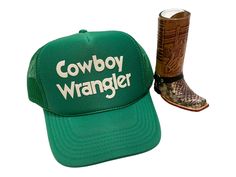 Wranglin Coyboys Green Trucker Hat.  Kelly Green, adjustable, Mid Rise Unisex Trucker Hat! Western Trucker Hat With Flat Brim For Outdoor, Western Style Trucker Hat With Short Brim For Outdoor, Western Style Trucker Hat With Short Brim, Western Style Trucker Hat With Flat Brim For Outdoor, Western Style Short Brim Trucker Hat For Outdoor, Western Style Short Brim Trucker Hat, Western Style Flat Brim Trucker Hat For Outdoor, Western Style Adjustable Trucker Hat, Western Style Wide Brim Trucker Hat