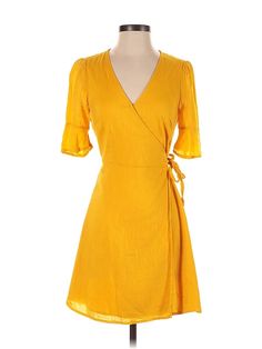 Old Navy Casual Dress Size: X-Small Yellow Dresses - used. 55% COTTON, 45% RAYON, Wrap, V Neck, Short, 3/4 Sleeve | Old Navy Casual Dress - Wrap: Yellow Dresses - Used - Size X-Small Yellow Casual Dress, Yellow Dresses, Solid Dress, Ann Taylor Loft, Yellow Dress, Second Hand Clothes, Casual Dresses For Women, Clean Out, Ann Taylor