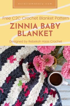 a crocheted blanket with pink flowers on it and the text, free zinna baby blanket designed by rebekah has crochet