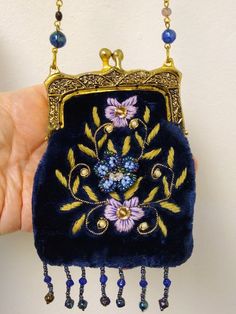 Antique Blue Silk Velvet 1900s 1910s Microbeaded Brass Frame Bag Purse Art Nouveau Edwardian Handbag Art Nouveau Bag, Vintage Handmade Crossbody Bag, Vintage Mobile Phone Pouch Shoulder Bag, Vintage Blue Embroidered Bag, Vintage Blue Rectangular Shoulder Bag, Vintage Formal Mobile Phone Bag, Vintage Pouch Shoulder Bag As Gift, Handmade Vintage Handheld Shoulder Bag, Vintage Pouch Shoulder Bag For Gift