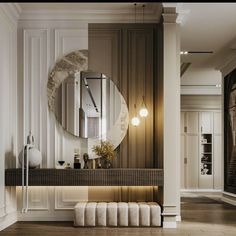 a bathroom with a mirror, sink and bench in it's centerpieces