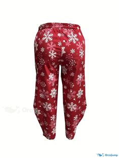 Orcajump - Plus Size Christmas Pants, Women's Plus Santa Claus & Reindeer & Snowflake Print Elastic High Rise Slight Stretch Wide Leg Trousers With Side Pockets Casual Christmas Holiday Pants, Casual Holiday Pants For Christmas, Casual Christmas Holiday Bottoms, Casual Pants For Winter Holiday, Red Holiday Long Pants, Holiday Red Long Pants, Red Long Pants For Holiday, Red Festive Bottoms For Winter, Red Festive Winter Bottoms