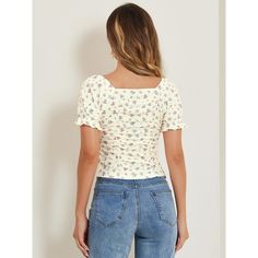 The short-sleeved tops will showcase your casual style with an all-over cute floral print. Floral print designs show off your elegance and glamour and add some highlights to your look. Style it with your favorite jeans and high heels for a casual and charming look. This is a summer cropped top feature with a ruched front, short sleeves, and a floral pattern to add some highlights to your look. Feminine Short Sleeve Tops With Ditsy Floral Print, White Ditsy Floral Print Short Sleeve Top, Spring Short Sleeve Tops With All Over Print, Trendy Short Sleeve Tops With Ditsy Floral Print, Feminine Floral Print Short Sleeve Top, Feminine Short Sleeve Floral Print Top, Floral Print Short Sleeve Tops For Day Out, White Short Sleeve Blouse With Ditsy Floral Print, White Blouse With Ditsy Floral Print And Short Sleeves