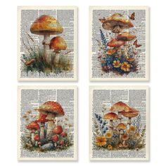 four pictures of mushrooms and flowers on an old book page with butterflies flying over them