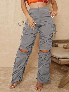 Solid Drawstring Ruched Stacked Pants Light Grey Casual   Fabric Plain Straight Leg Non-Stretch  Women Clothing, size features are:Bust: ,Length: ,Sleeve Length: Cargo Pants Women Outfit, Grey Cargo Pants, Side Pants, Cargo Pants Outfit, Evolution Of Fashion, Cute Pants, Khaki Fashion, Red Dress Short, Cute Jeans