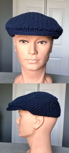 three photos of a mannequin head wearing a blue crochet newsboy hat