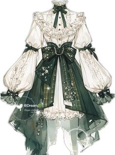 a drawing of a dress with long sleeves and bows on the collar, in white and green