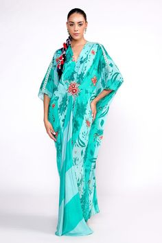 Aqua green crepe kaftan with floral print and cutdana and sequins embroidery.
Components: 1
Pattern: Printed, Embroidered
Type Of Work: Floral, Cutdana, Sequins
Neckline: V Neck
Sleeve Type: Flared Sleeves
Fabric: Crepe, Lining : Crepe
Color: Green
Other Details: 
Attached lining
Model Height : 5 ft 8 inches, wearing size S
Occasion: Sangeet - Aza Fashions Isha Gupta, V Neck Kaftan, Kaftan Design, Kaftan For Women, Printed Kaftan, Indian Fashion Designers, Pernia Pop Up Shop, Sequins Embroidery, Aqua Green