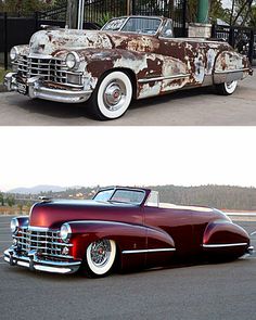 an old car with rusted paint sitting in front of a black fence and another photo of the same car