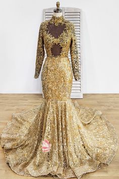 Luxury Gold Glitter Lace Mermaid Long Sleeve Formal Dress - Lunss Gold Mermaid Dress With Sweep Train For Prom, Gold Mermaid Dress For Wedding And Prom Season, Gold Floor-length Mermaid Dress For Prom, Gold Mermaid Dress With Sweep Train For Evening, Gold Mermaid Dress With Sweep Train, Gold Mermaid Dress With Sweep Train Floor-length, Gold Floor-length Mermaid Dress With Sweep Train, Fitted Long Sleeve Gown For Pageant, Fitted Long Sleeve Gown For Pageants