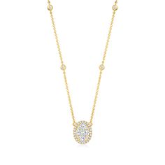 Ross-Simons - .67ct t. w. Diamond Oval Cluster Necklace in 14kt Yellow Gold. 18". Outfits of any season, style or era will equally enjoy the company of this beautiful necklace. A total of .67 ct. t. w. round brilliant-cut diamonds present themselves as a sparkling oval-shaped cluster and bezel-set embellishments that trace upwards along the 14kt yellow gold cable chain. Lobster clasp, diamond oval cluster necklace. Diamond birthstones are the perfect gift for April birthdays. Timeless 14k Gold Oval Diamond Necklace, Classic Oval Necklace With Pave Setting, Oval 14k Yellow Gold Diamond Necklace, Oval Yellow Gold 14k Diamond Necklace, Classic Oval Diamond Necklace With Halo Setting, Fine Jewelry Oval Diamond Necklace With Single Cut Diamonds, Oval 14k Gold Necklace With Single Cut Diamonds, Oval Diamond Necklace With Single Cut Diamonds, Classic Diamond Necklace With Oval Link